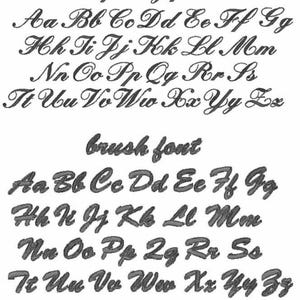 May include: Image showcasing two popular font options: "philly font" and "brush font." Each font displays the alphabet in uppercase and lowercase. The text at the bottom encourages review before font selection.