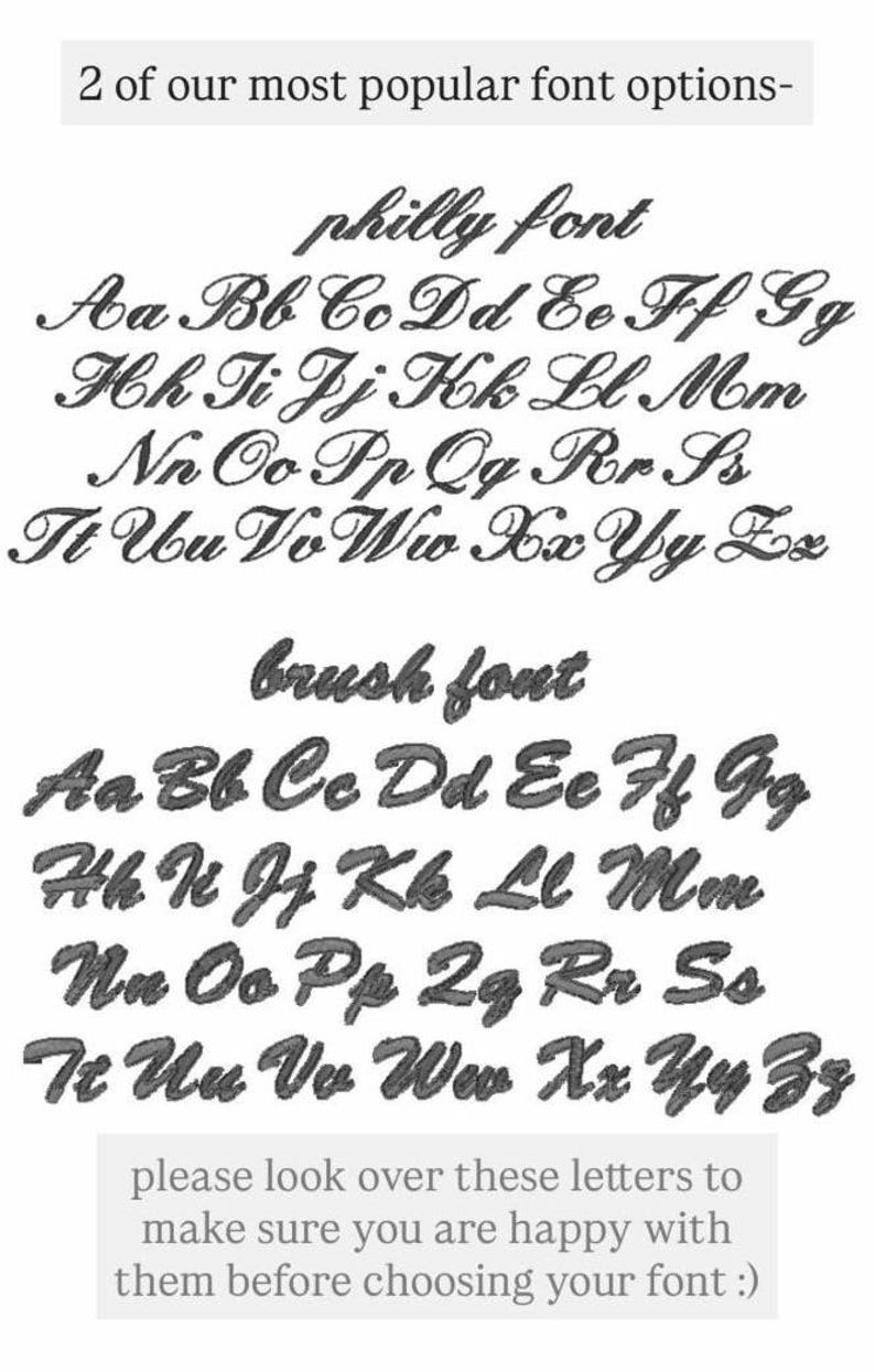 May include: Image showcasing two popular font options: "philly font" and "brush font." Each font displays the alphabet in uppercase and lowercase. The text at the bottom encourages review before font selection.