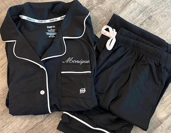 Embroidered Bridesmaid PJs – Custom Name Button-Up Pajama Set, Bridal Party Getting Ready Outfit