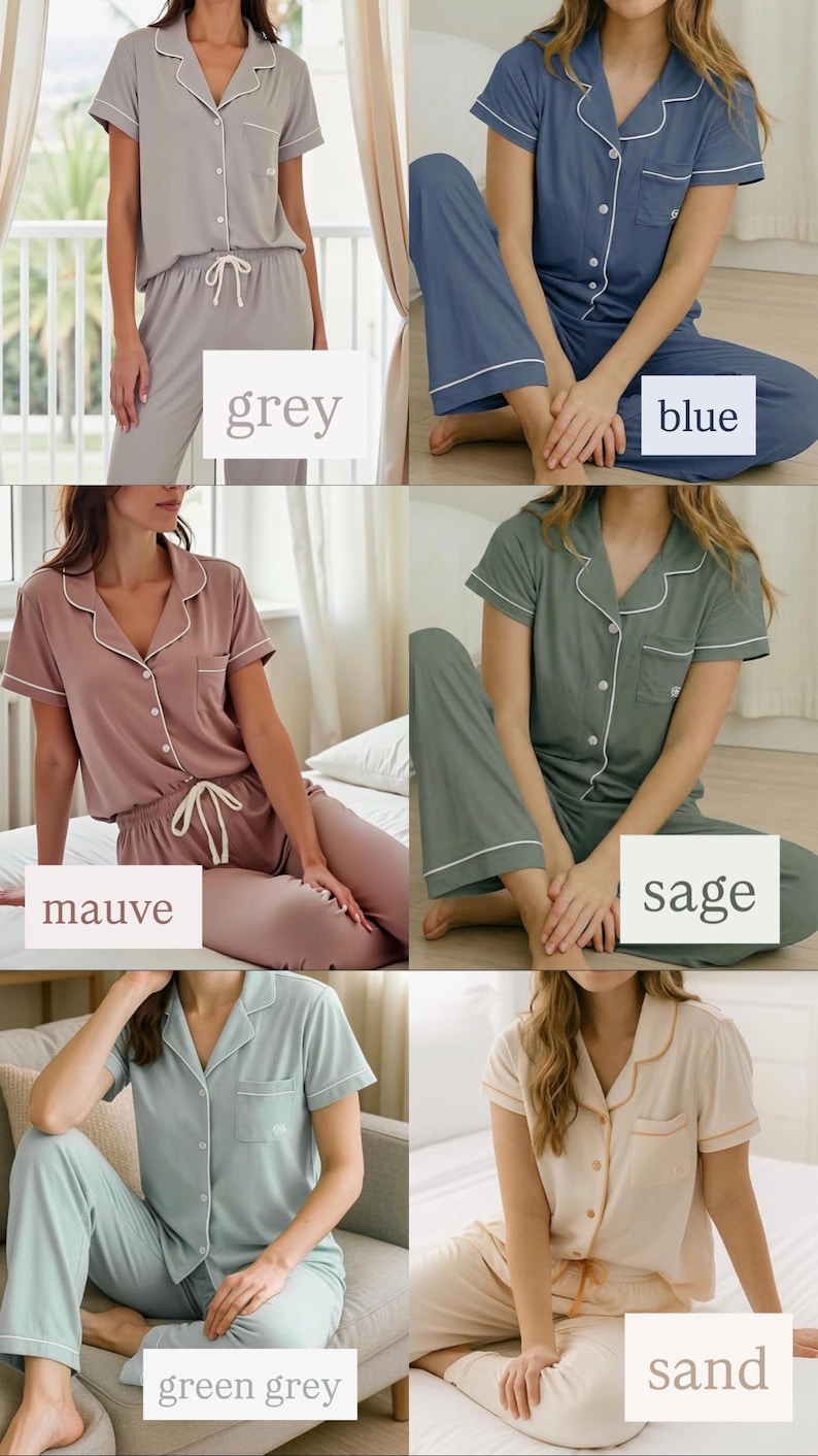 May include: A collection of women's pajama sets in various colors: grey, blue, mauve, sage, green grey, and sand. Each set includes a short-sleeved button-down top and matching pants, all with white piping. The word for each color is displayed in a white box.