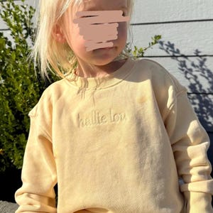 May include: A light yellow sweatshirt and matching pants set. The sweatshirt has the embroidered text "hallie lou" across the chest. The outfit is worn by a young child with blonde hair.