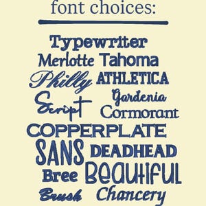 May include: A cream-colored graphic displays a list of font choices in navy blue. The text reads "font choices:" followed by font names like "Typewriter," "Merlotte Tahoma," "Philly," "Script," "COPPERPLATE," "SANS," "Bree," "Brush," and others.