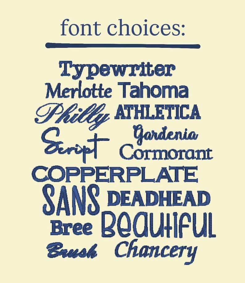 May include: A cream-colored graphic displays a list of font choices in navy blue. The text reads "font choices:" followed by font names like "Typewriter," "Merlotte Tahoma," "Philly," "Script," "COPPERPLATE," "SANS," "Bree," "Brush," and others.