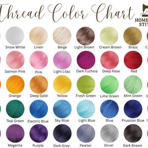 May include: A thread color chart with a variety of thread colors, including white, pink, orange, yellow, green, blue, purple, and brown. The chart is labeled with the names of the colors, such as "White", "Red", and "Black". The text "Thread Color Chart" is at the top.
