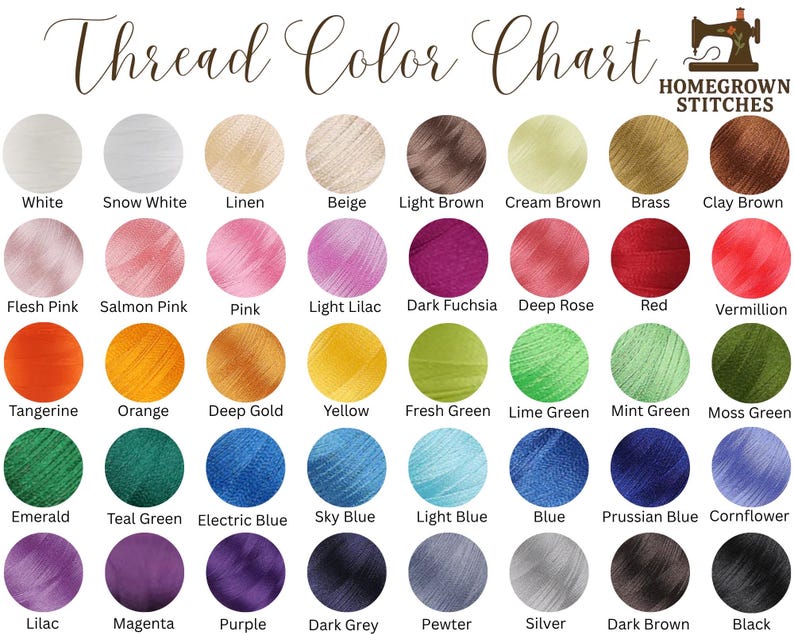 May include: A thread color chart with a variety of thread colors, including white, pink, orange, yellow, green, blue, purple, and brown. The chart is labeled with the names of the colors, such as "White", "Red", and "Black". The text "Thread Color Chart" is at the top.