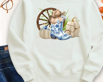 Blue Cowgirl Boots Sweatshirt - Fall Western Fashion, Sizes S-4XL