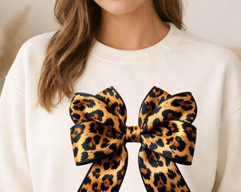 Leopard Bow Sweatshirt, Cheetah Print Crewneck, Coquette Style