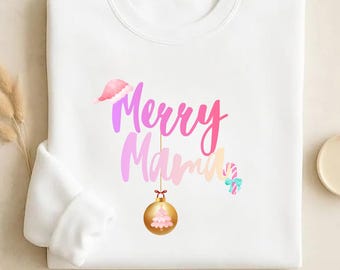 Merry Mama script design Crewneck | pink holiday ornament lettering