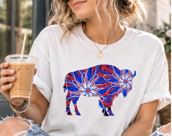Buffalo Football Shirt, Red Blue Buffalo Tee, Floral Bison Graphic Shirt, Buffalo NY Game Day Shirt, Western New York Football Tee