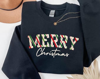 Candy Cane 'Merry Christmas' Crewneck Sweatshirt | Holiday Typography, Festive Cozy Sweater