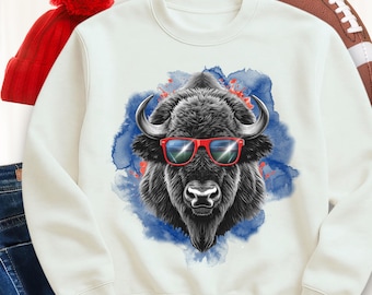 Red and Blue Buffalo Print Sweatshirt, Graphic Cozy Pullover, Bills Mafia