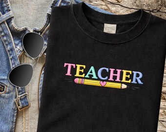 Embroidered teacher sweatshirt, Gildan crewneck, colorful pencil design