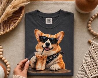 Corgi iced latte shirt, Comfort Colors tee, dog coffee graphic, dog lover shirt, dog mom top