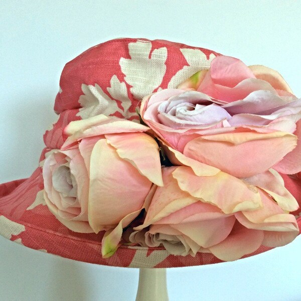 Bright pink and white soft cotton hat with roses. OOAK