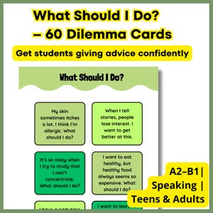 Peut inclure: Jeu de 60 cartes de dilemme intitulé « Que dois-je faire ? » pour adolescents et adultes. Les cartes présentent des boîtes de texte vertes et blanches avec divers scénarios et questions. Le texte comprend « Je veux manger sainement, mais la nourriture saine semble toujours chère. »