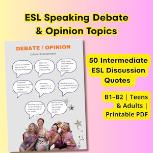 Pode incluir: Um PDF imprimível com 50 citações de discussão ESL intermediárias para adolescentes e adultos. O documento apresenta tópicos de debate e opinião, incluindo cultura e entretenimento, com balões de fala e estrelas.
