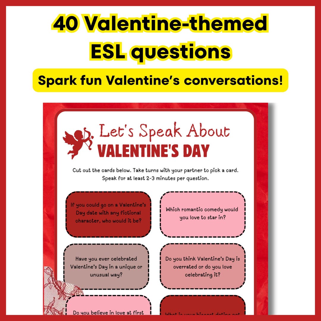 Valentine’s Day ESL 40 Questions A2–B2 Teens & Adults Printable PDF - Etsy