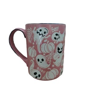 Halloween PINK Coffee Mug With Ghosts & Pumpkins Spooky Cute Ghosts Mug Cup NEW