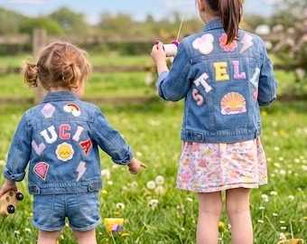 Chaqueta vaquera infantil personalizada con letras de chenilla, chaqueta vaquera para niña pequeña con nombre personalizado, regalo de cumpleaños para niñas.