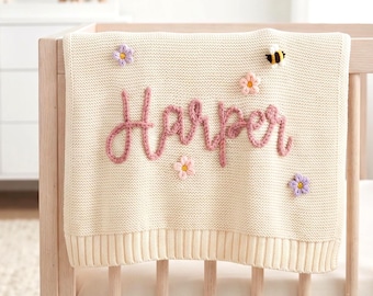 Personalised Knit Cotton Baby Blanket, Custom Embroidered Name Receiving Wrap, Handmade Nursery Newborn Blanket