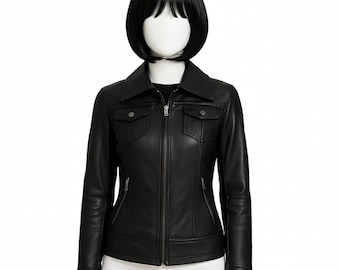 Women’s Emmy Black Leather Bomber Hooded Jacket – Removable Hood, Slim Fit Streetwear Moto Coat