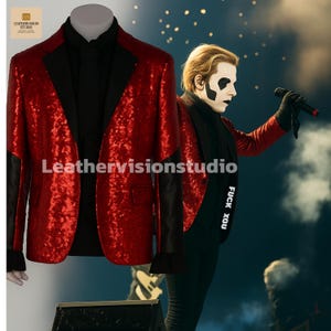 Ghost Band Papa Emeritus Cosplay Blazer | Glam Rock Red Sequin Jacket | Gothic Concert Costume | Festival | papa v |  With &quot;F**k You&quot; patch