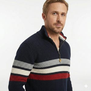 Close-up of striped knit fabric on Ryland Grace inspired quarter zip sweater showing soft cotton wool blend texture