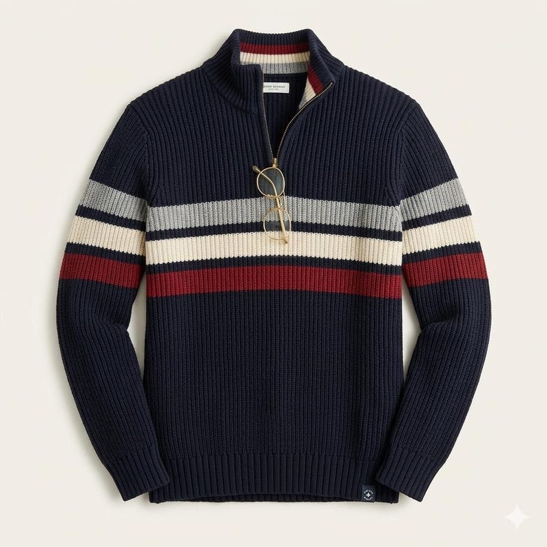 Half zip closure detail on men’s striped pullover sweater inspired by Ryan Gosling Project Hail Mary outfit