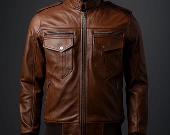 Chaqueta bomber marrón de cuero auténtico para hombre / Abrigo motero vintage con cremallera / Prenda informal clásica