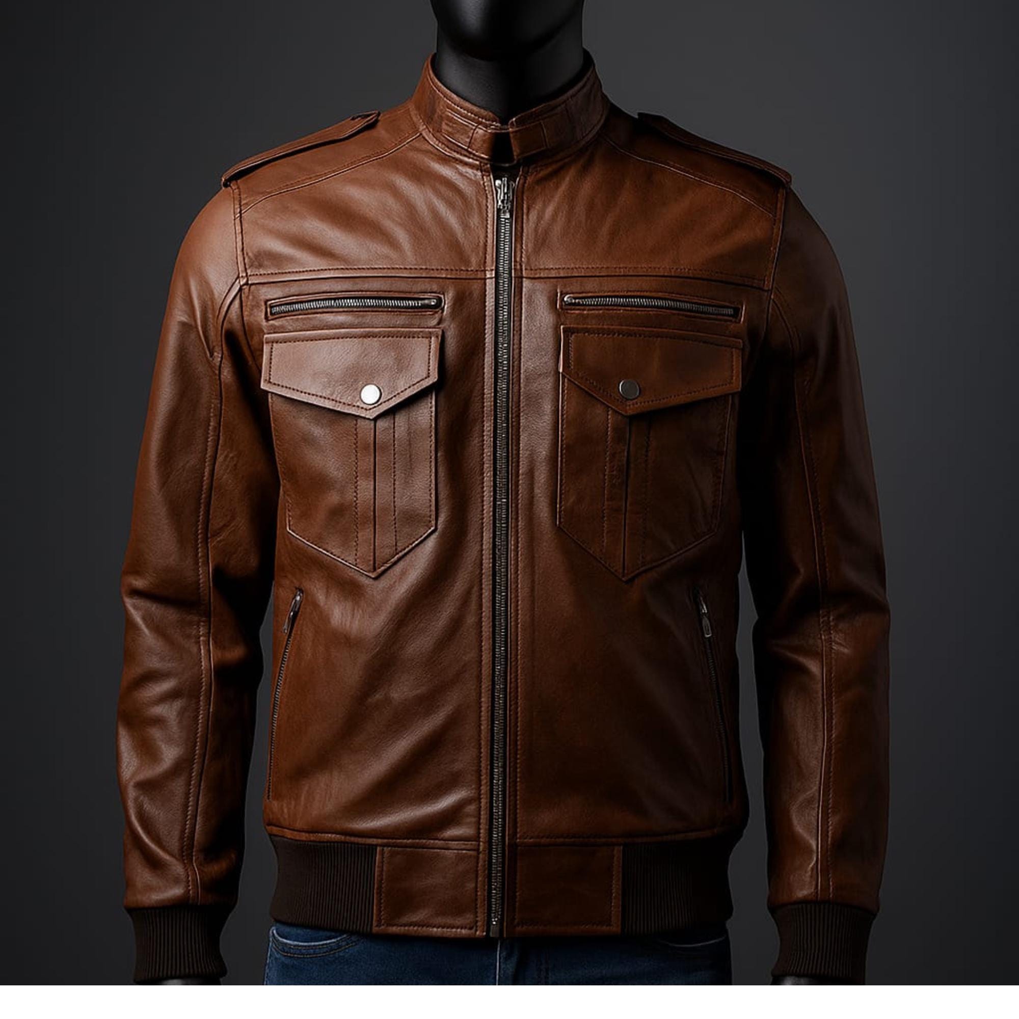 Men's Real Leather Brown Bomber Jacket | Vintage Style Zip-up