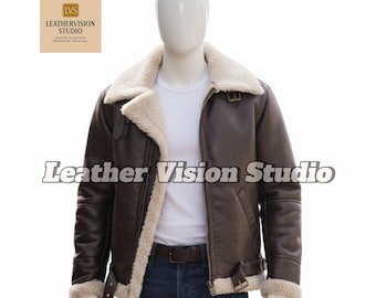 Men’s Brown Shearling Leather Jacket | Classic Aviator Bomber Coat | Winter Fur Collar Outfit