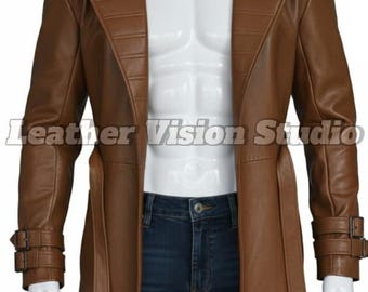 Handmade Brown Leather Trench Coat | Mutant-Inspired Overcoat for Men | Hero Cosplay Gift