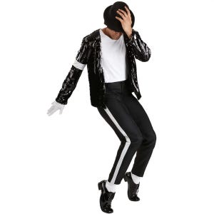 May include: A black sequined jacket with a white stripe on the sleeve and black pants with a white stripe down the side. The outfit includes a black hat, white gloves, white socks, and black shoes. The person is in a dance pose.