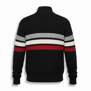 Flat lay of striped quarter zip sweater men navy red white inspired by Project Hail Mary casual fashion knitwear