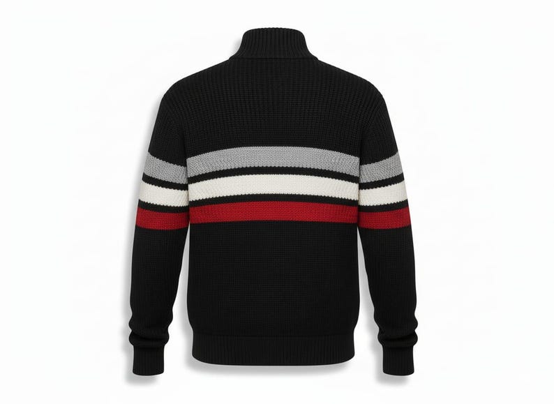 Flat lay of striped quarter zip sweater men navy red white inspired by Project Hail Mary casual fashion knitwear
