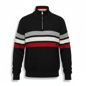 Mock neck collar detail on striped half zip sweater men winter knit pullover close-up view