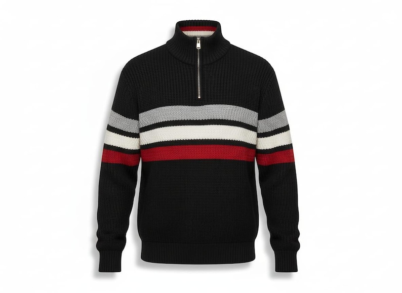 Mock neck collar detail on striped half zip sweater men winter knit pullover close-up view