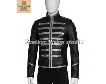 Men’s Gothic Military Parade Jacket | Marching Band Drummer Coat | Handmade Black Leather Steampunk Jacket
