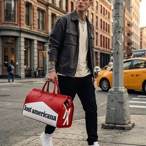 Lost Americana Duffle Bag Real Cow Leather Red White Black Travel Premium Look