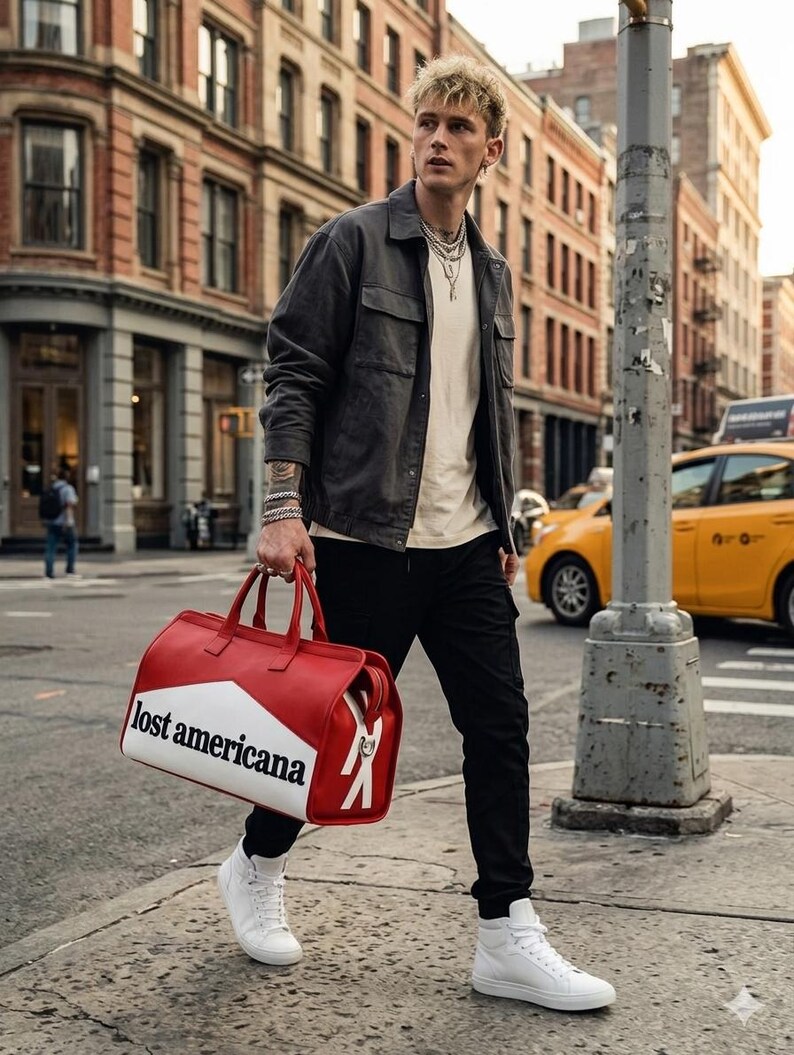 Lost Americana Duffle Bag Real Cow Leather Red White Black Travel Premium Look