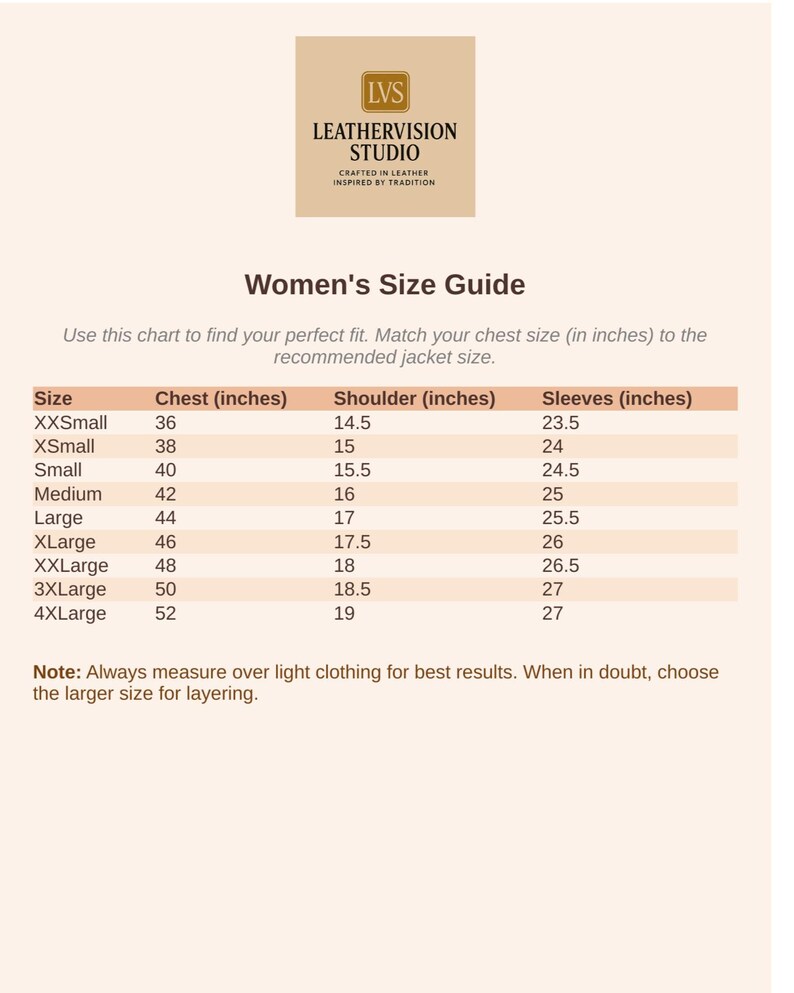Puede incluir: Una gu&iacute;a de tallas de chaquetas para mujer, con medidas de pecho, hombros y mangas en pulgadas. Las tallas van de XXSmall a 4XLarge. El logotipo de LeatherVision Studio est&aacute; en la parte superior.