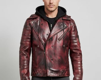 Men’s Red Michael Kiske Helloween Inspired Biker Hooded 2 tone Leather Jacket pumkin Cosplay