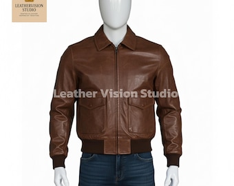 Men’s A2 Brown Aviator Leather Jacket — Classic Flight Bomber, Genuine Leather Pilot Coat