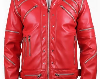 Michael Jackson Beat It Inspired  Red Leather Jacket – 80s Biker Cosplay Thriller