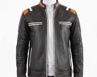 Men’s Classic Racing Retro 3 Style Leather Jacket – Vintage Café Racer Faded Streetwear Outerwear