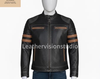 Men’s Black Cafe Racer Leather Jacket - Vintage Biker with Tan Stripes
