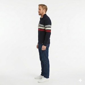 Ryan Gosling Project Hail Mary inspired striped half zip sweater men side pose view showing casual winter outfit styling