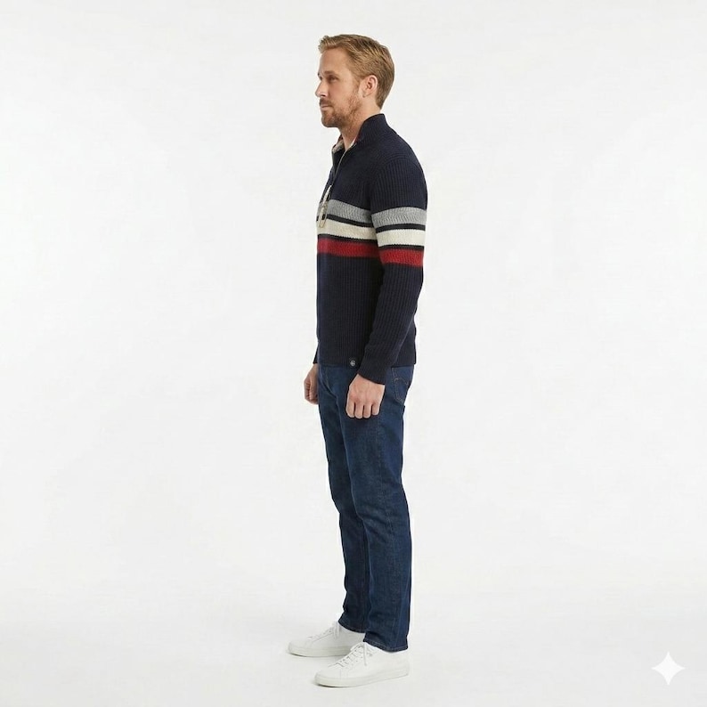 Ryan Gosling Project Hail Mary inspired striped half zip sweater men side pose view showing casual winter outfit styling