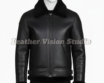 Men’s Black Shearling Aviator Jacket | Authentic Sheepskin Leather Bomber Coat RAF B3 Flight Style