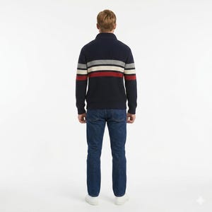Back view of striped quarter zip knit sweater men navy red white casual winter pullover
